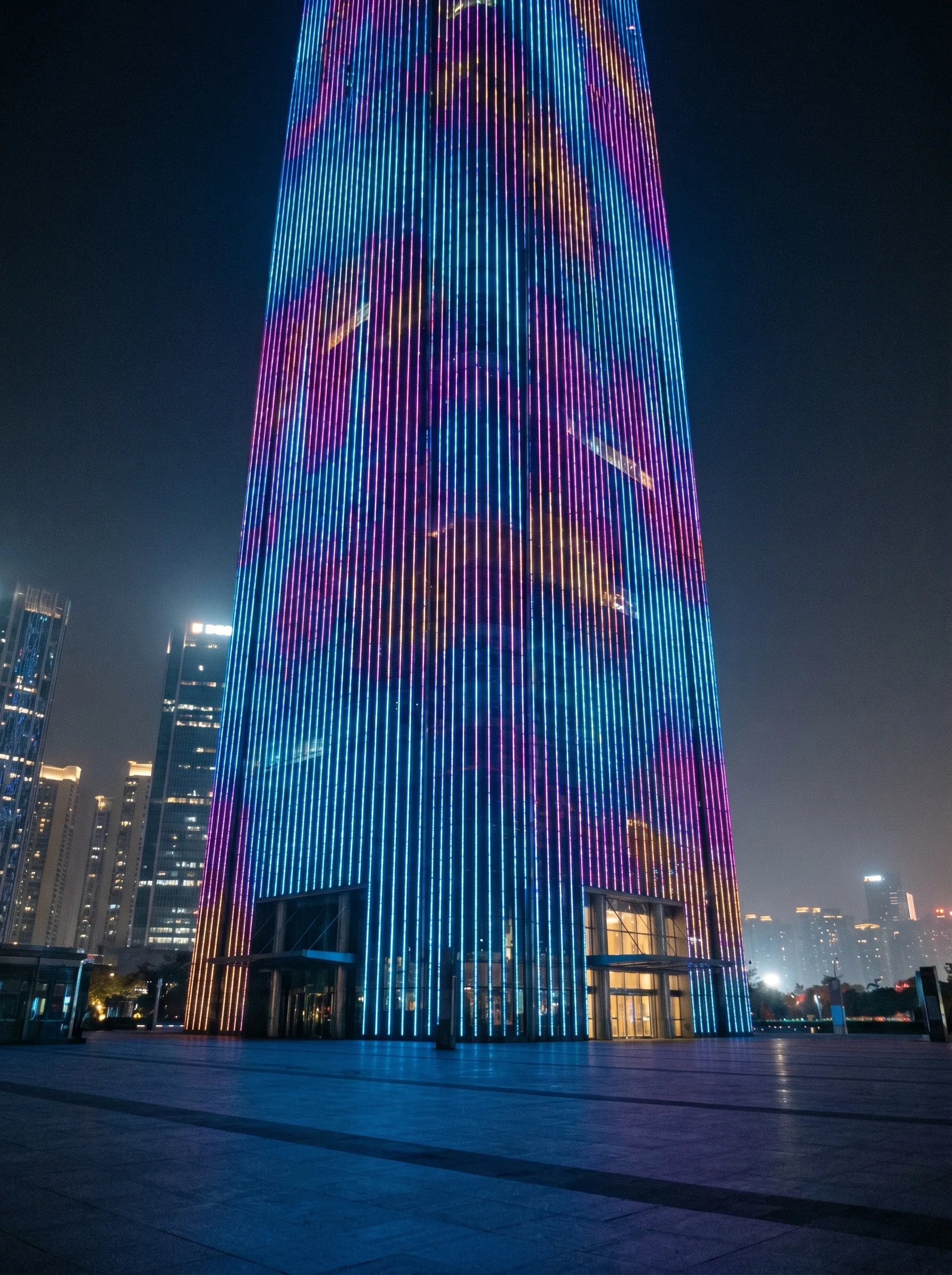 PILEDS pixel LED bars cladding a high-rise building facade in full-color light at night